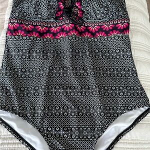Kona Sol Black One-Piece Swimsuit with Pink Floral Band
